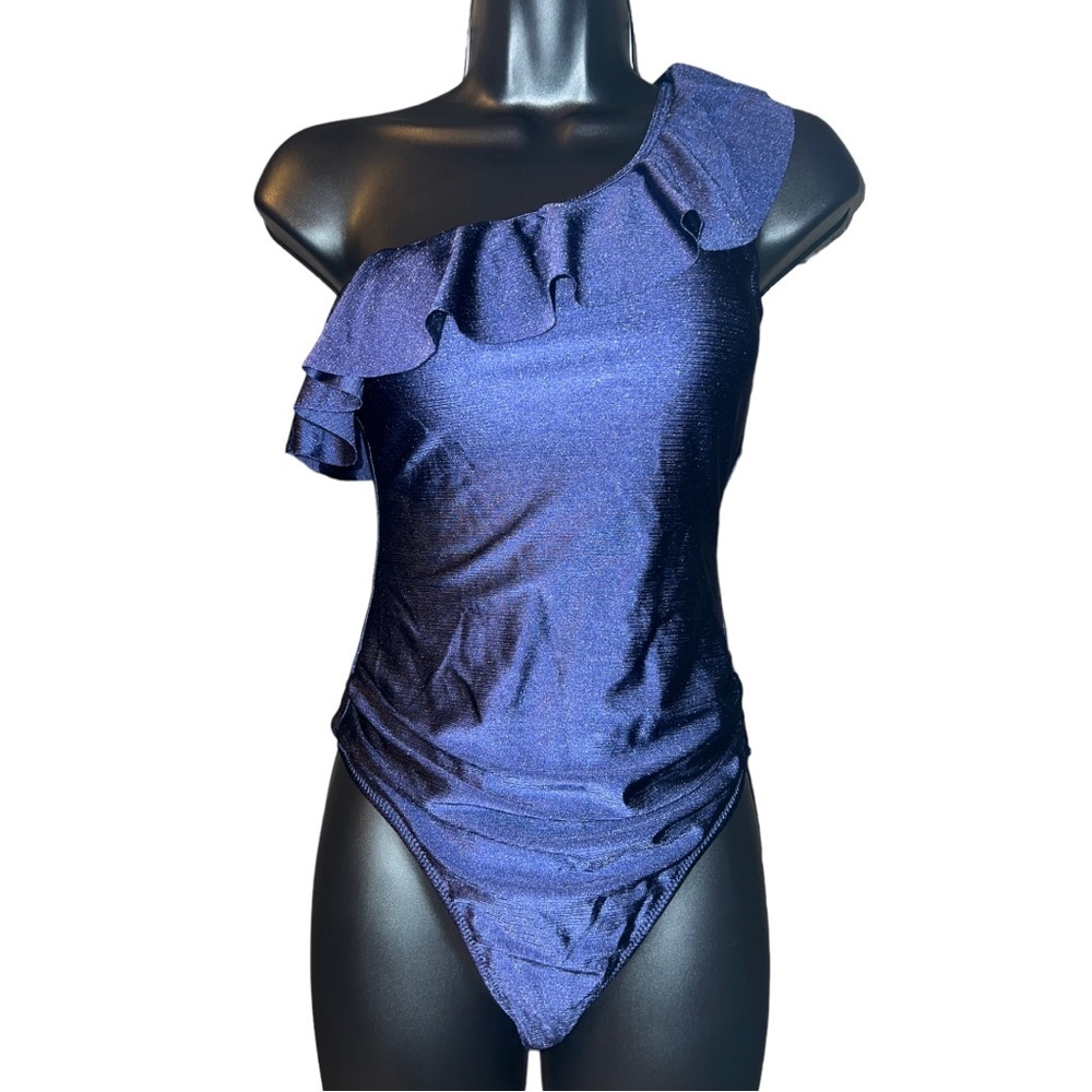 CUPSHE Navy Shimmer one shoulder ruffle one piece swimsuit size Small